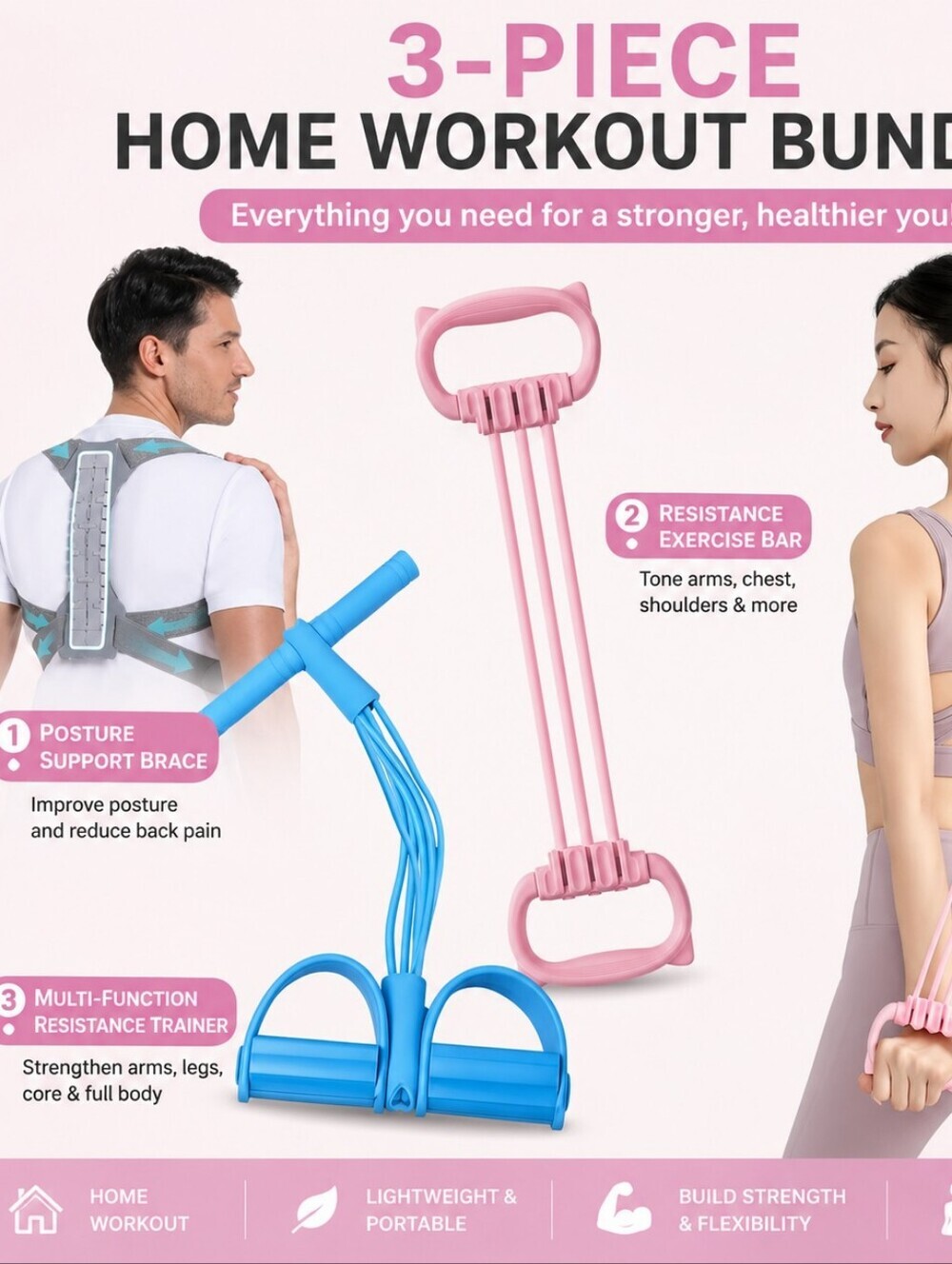 3-Piece Home Workout Bundle - Pink & Blue Resistance Set